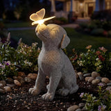 Lyeasw Dog Solar Statues with Butterfly - Waterproof Gray Dog Garden Decor for Patio, Yard, Porch- Cute Puppy Figurines with Solar LED Lights for Outdoor Decor, Pet Memorial Gift