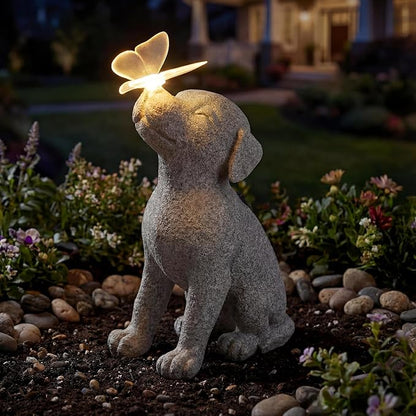 Lyeasw Dog Solar Statues with Butterfly - Waterproof Gray Dog Garden Decor for Patio, Yard, Porch- Cute Puppy Figurines with Solar LED Lights for Outdoor Decor, Pet Memorial Gift