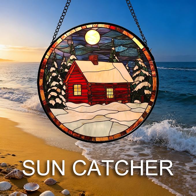 CHATYOUNG Stained Glass Window Hanging Red Christmas Cottage in Winter Snow Scene 9.8" - Suncatcher Door Garden Sun Catcher Decor Birthday Christmas for Mom Woman Nana Friend Men Kids Wife