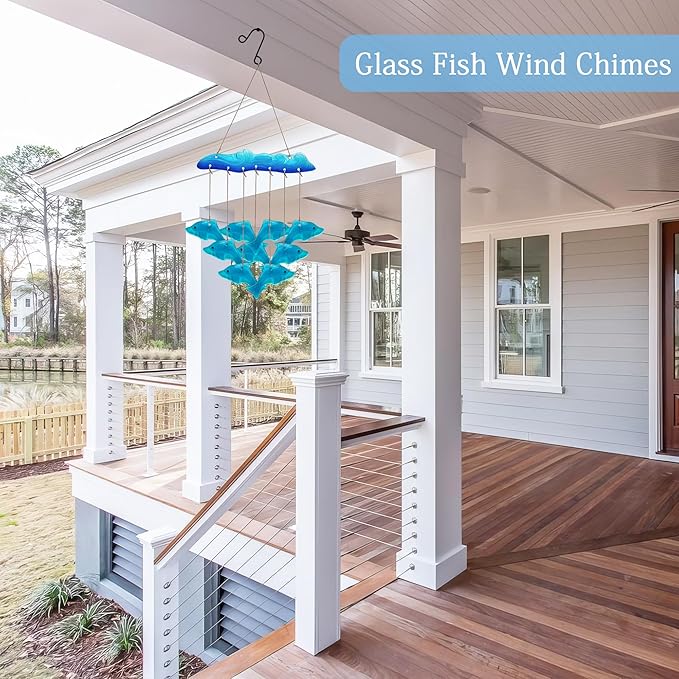 Sea Glass Dolphin Fish Wind Chimes for Outside, Windchimes Outdoors Unique, Patio Beach Outdoor Home Garden Decor, Windchimes Outdoors, Memorial Garden Christmas Decoration Gifts