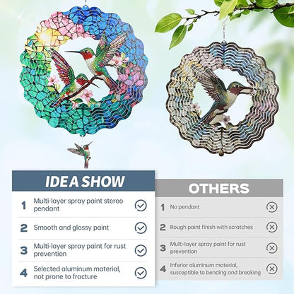 Hummingbird Wind Spinners Outdoor, IDEA SHOW 12In Stainless Steel Wind Spinners Outside, 3D Kinetic Hanging Spinners Sculpture for Women Mom, Metal Garden Decor Ornaments for Patio Yard Art