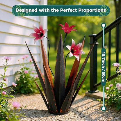 2 Pack Metal Agave Plant Sculptures, Outdoor Agave Plants, Tequila Rustic Sculpture, 16” Hand Painted Garden Decoration Yard Art Plant