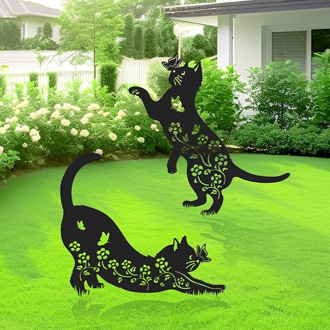 2 Pcs Black Cat Silhouette Cute Metal Cat Decor for Cat Lovers Decorative Garden Stakes for Yard Garden Lawn Outdoor Decorations (Cat)