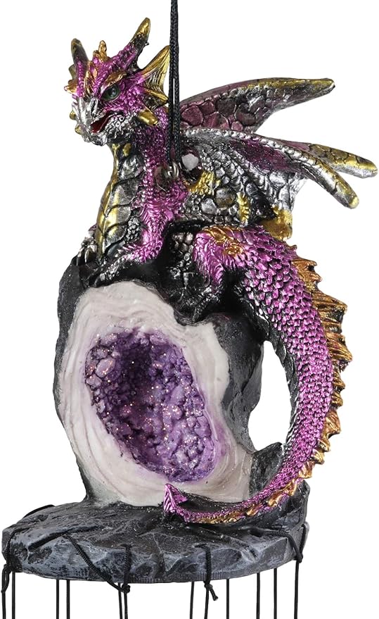 Ebros Gift Medieval Purple Dragon Guarding Topaz Crystal Geode Rock Figurine Crown Top Resonant Wind Chime with Miniature Geode Rocks Ornaments for Garden Patio Home Fantasy Dungeons and Dragons