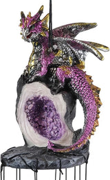 Ebros Gift Medieval Purple Dragon Guarding Topaz Crystal Geode Rock Figurine Crown Top Resonant Wind Chime with Miniature Geode Rocks Ornaments for Garden Patio Home Fantasy Dungeons and Dragons