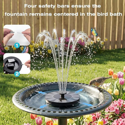 AMZtime Solar Fountain for Bird Bath, 1.4W Solar Fountain Pump 6 Nozzles, 2026 New Free Standing Solar Powered Water Pump for Outdoor, Garden, Fish Tank, Pond and Pool