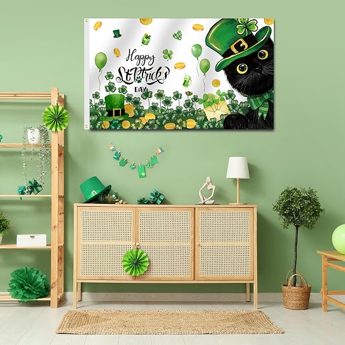 SENSEVEN St Patricks Day Black Cat Flags for Outside 3x5 Ft, Spring Shamrock Green Flag, Clover Spring Yard Flag Kitten Holiday Outdoor Banner for Farmhouse Decor, St Patrick's Day Party Supplies