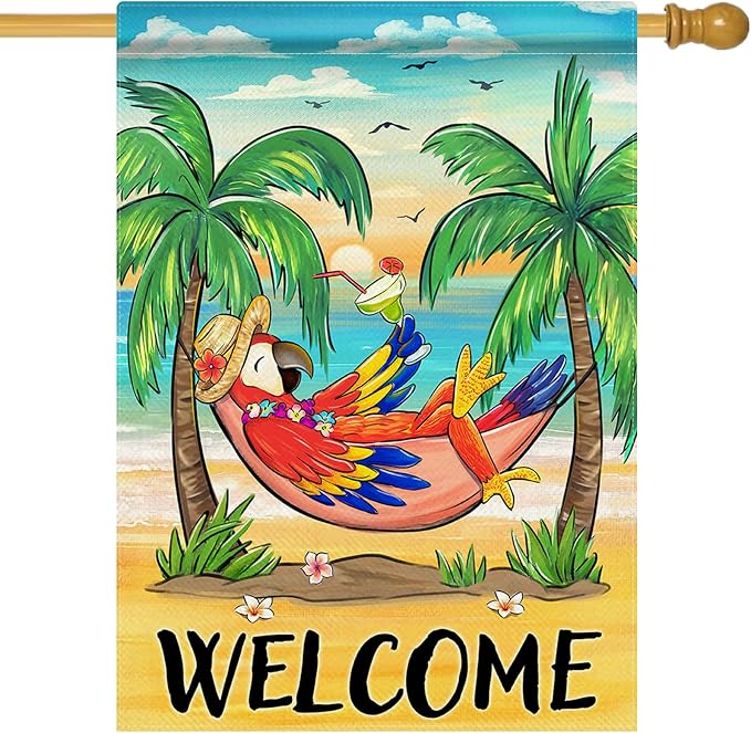 Welcome Summer Parrot Bird Decorative House Flag, Beach Coastal Tropical Palm Tree Garden Yard Outside Decorations, Hawaii Sunset Nautical Seasonal Outdoor Large Home Decor Double Sided 28 x 40