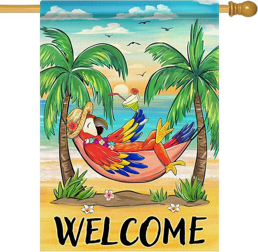 Welcome Summer Parrot Bird Decorative House Flag, Beach Coastal Tropical Palm Tree Garden Yard Outside Decorations, Hawaii Sunset Nautical Seasonal Outdoor Large Home Decor Double Sided 28 x 40