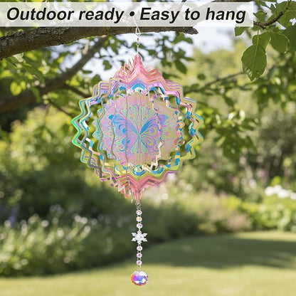 Hanging Wind Spinner 12 Inch, Butterfly 3D Stainless Steel Wind Spinner with Tail, Garden Yard Patio Decor, Indoor Window Wall Art for Meditation, Mindfulness, Breathwork, Calming Gift