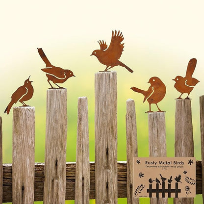 5-Pack Rustic Metal Bird Statues for Outdoor Garden - Vintage Yard Art Decor with Realistic Bird Shapes for Fence, Patio, Lawn Ornament