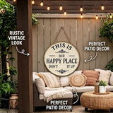 Happy Place – Vintage Statement Metal Sign Round Rustic Wall Decor Funny Garden Sign “This Is My Happy Place Please Respect The Vibe” Metal Hanging Plaque for Front Door Home Office Kitchen (2PCS, 12 * 12in)
