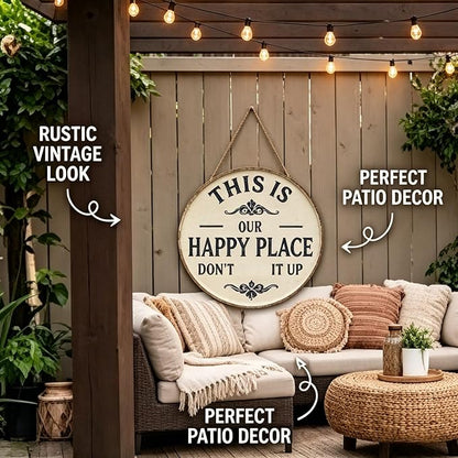 Happy Place – Vintage Statement Metal Sign Round Rustic Wall Decor Funny Garden Sign “This Is My Happy Place Please Respect The Vibe” Metal Hanging Plaque for Front Door Home Office Kitchen (2PCS, 8 * 8in)