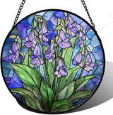 Stained Glass Suncatcher, Blue Purple Flowers Green Leaves Sun Catcher Plants Stain Glass Window Hanging Decoration Mother's Day Birthday Gifts for Women Men Mom and Nana 15 in