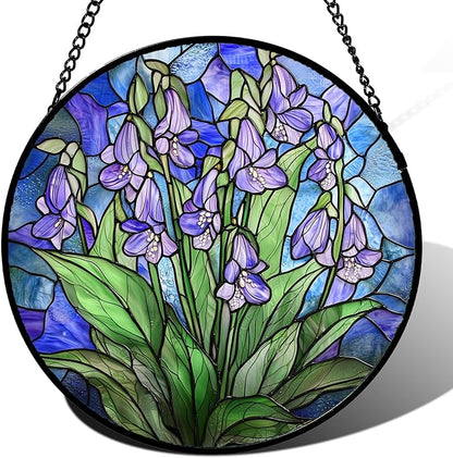 Stained Glass Suncatcher, Blue Purple Flowers Green Leaves Sun Catcher Plants Stain Glass Window Hanging Decoration Mother's Day Birthday Gifts for Women Men Mom and Nana 15 in
