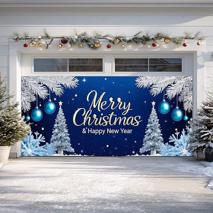 IVN Christmas Garage Door Cover Decoration 13x6ft Snowy Night Trees with Ornaments Blue Holiday Christmas Garage Door Banner Home Door Front Yard Decor for Xmas Eve Holiday Outdoor