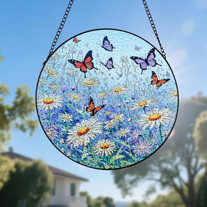 Butterfly Stained Glass Suncatcher,7.8in Butterfly Suncatcher for Window Hanging,Hand Chrysanthemum Suncatcher Window Decoration,Butterfly Home Decor for Indoor Window