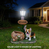 Solar Light Animal Outdoor Statue Planter with Welcome Sign, Resin Garden Sculpture Flower Pot for Patio Lawn Porch Yard Courtyard Decor, Weather-Resistant Decorative Figurine Accent (M)