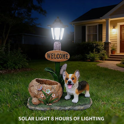 Solar Light Animal Outdoor Statue Planter with Welcome Sign, Resin Garden Sculpture Flower Pot for Patio Lawn Porch Yard Courtyard Decor, Weather-Resistant Decorative Figurine Accent (M)