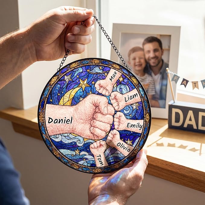 Personalized Fathers Day Birthday Gifts, Custom Stained Glass Windows Hanging with Kids Name, Suncatcher Ornament Decor Gift for Father Dad Grandpa