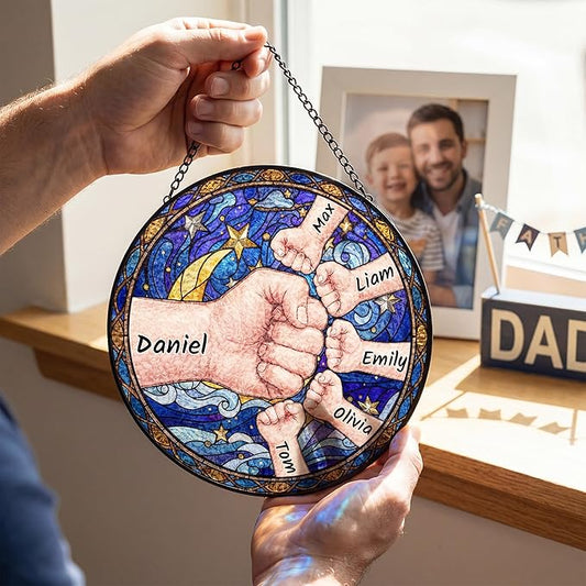 Personalized Fathers Day Birthday Gifts, Custom Stained Glass Windows Hanging with Kids Name, Suncatcher Ornament Decor Gift for Father Dad Grandpa