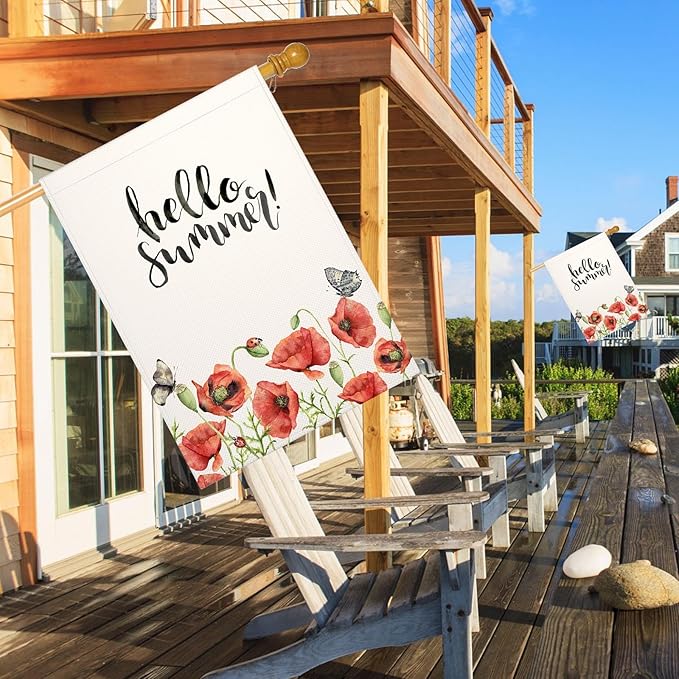 Mugod Hello Summer House Flag 28x40 Inch Vertical Double Sided, Red Poppies Flower Farmhouse Burlap Yard Flag for Outdoor Holiday Decor