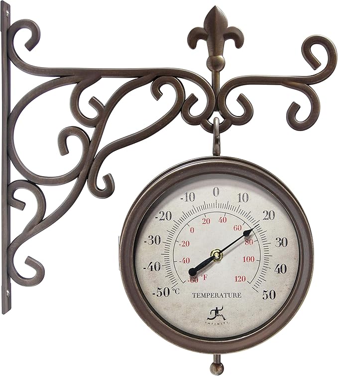 Infinity Instruments Beauregard 8 inch Outdoor Clock Thermometer Combo for Patio Porch Garden Outdoor Decorative Double-Sided Resin Clock Thermometer Wall Hanging with Bracket