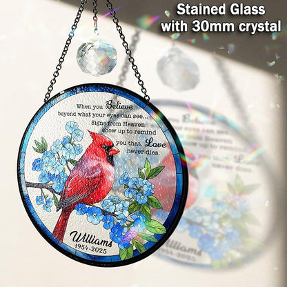 Personalized Cardinal Memorial Stained Glass Suncatcher, Red Cardinal Window Hanging Suncatcher with Crystal, Sympathy Gifts for Loss of Loved One, Remembrance Gifts for Grandparent, Mom, Home Décor