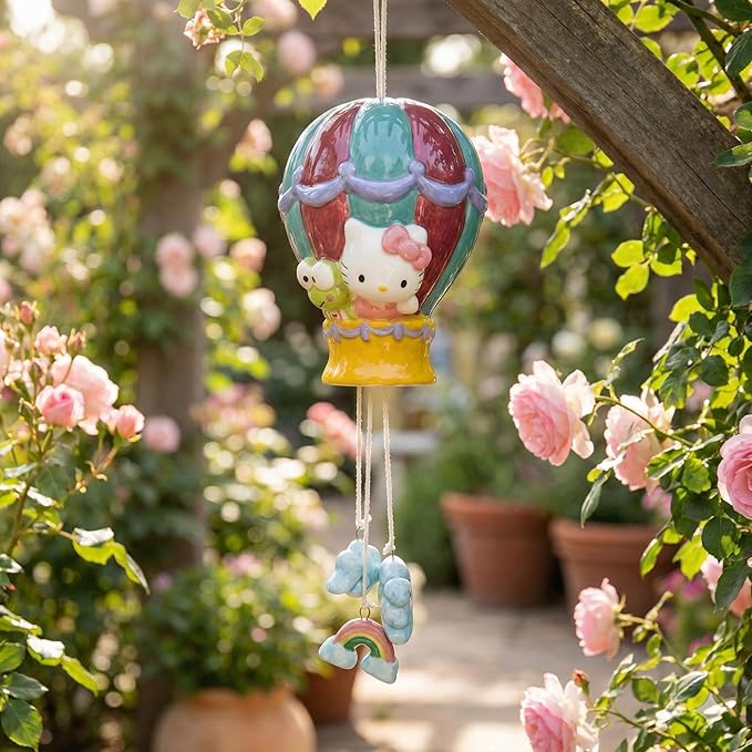 Hello Kitty and Keroppi Hot Air Balloon Wind Chime, 4" L x 4.25" W x 10" H Created by Blue Sky Clayworks