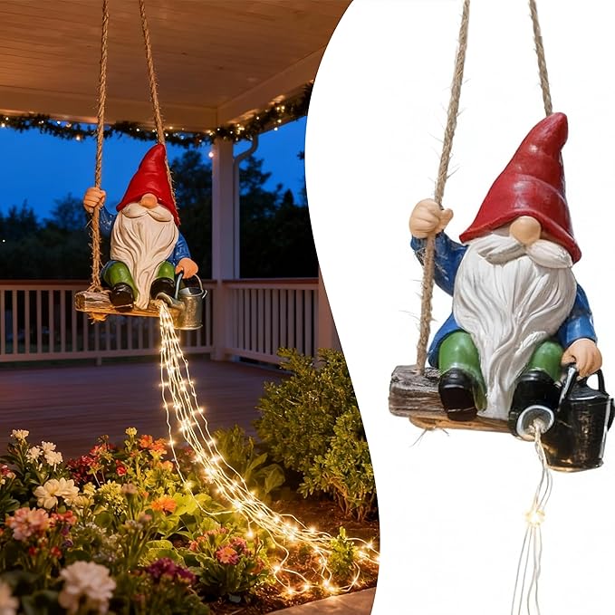 Watering Can Solar Lights Garden Gnomes Hanging Statues, Swing Gnome Cascading LED Decorations for Outside Backyard Yard Patio Tree Wall, Hoswarming Birthday Gifts for Woman Mom Grandma