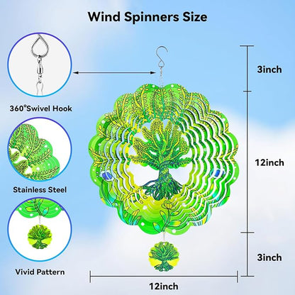 Wind Spinners,12 inch Tree of Life with 360° Swivel Hook for Yard and Garden, Bird Wind Catcher, Metal Wind Spinners Outdoor for Lawn Hanging Crafts Decor Kinetic Yard Art Ornament Gifts