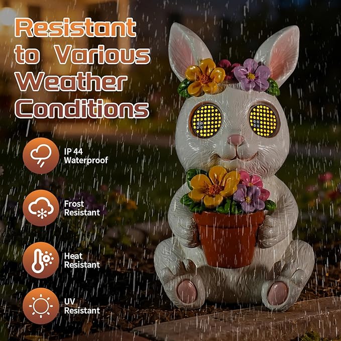 Garden Statues Rabbit with Solar Moving LED Eyes Outdoor Bunny Figurines Decorations for Patio Yard Lawn Ornaments Gifts for Birthday Easter Housewarming (Bunny)