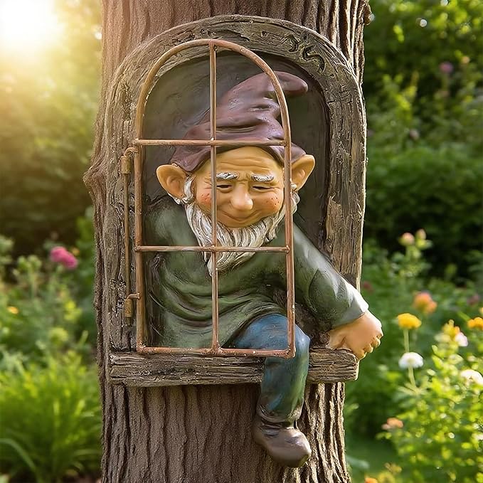 Teaeeno 12-inch Elf Out The Door Tree Hugger, Garden Gnome Statue Decor Outdoor, Large Outdoor Tree Hugger for Yard Art, Trees Decorations Outdoor Wallmounted Statue