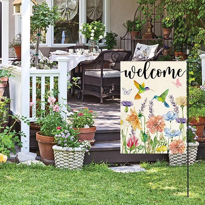 AVOIN colorlife Hummingbird Spring Flowers Garden Flag 12 x 18 Inch Double Sided, Seasonal Welcome Yard Outdoor Flag