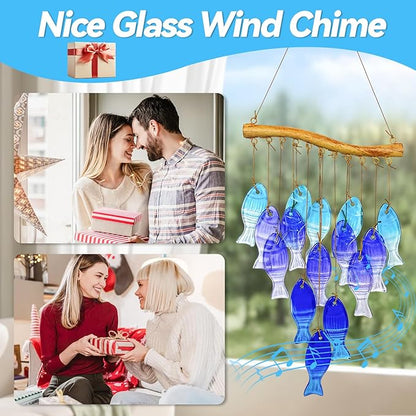 Sea Glass Wind Chime, Fish Shape Glass Windchime for Outside, Indoor Outdoor Decor for Patio Garden Yard, Nice Gifts for Mom & Women, Memorial Sympathy Gift for Home