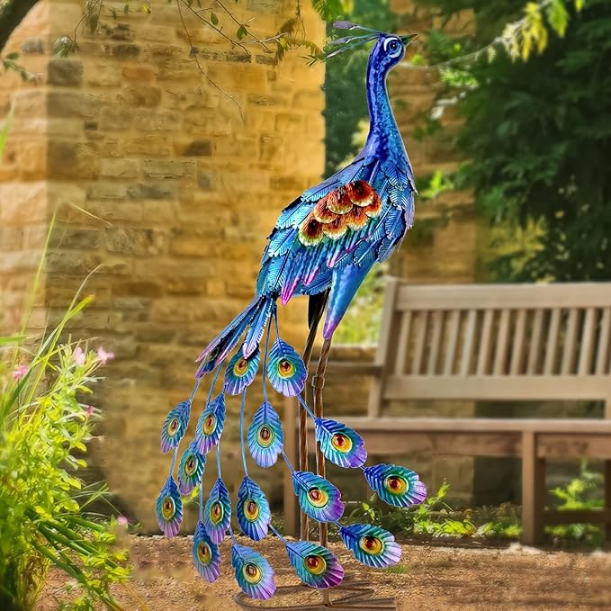 Kircust Peacock Garden Statue and Sculpture, Metal Peacock Yard Art Decor, Standing Bird Outdoor Sculptures for Patio Backyard Lawn Home Decoration