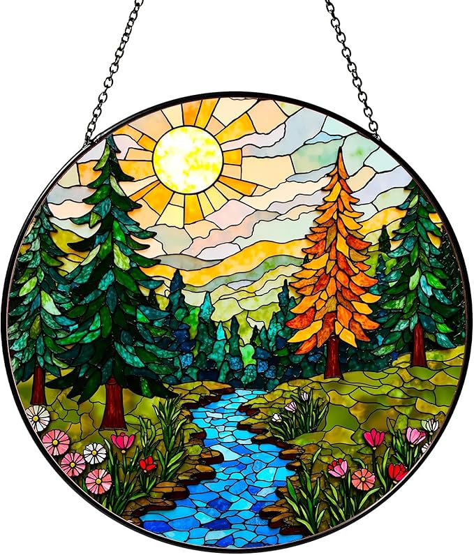 Forest Stained Glass Window Hanging Forest Sun Catcher Decor Nature Lovers Gifts for Women Suncatchers for Garden Home Windows Hanging Decoration, 7.87inch