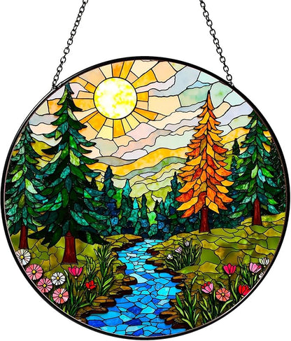 Forest Stained Glass Window Hanging Forest Sun Catcher Decor Nature Lovers Gifts for Women Suncatchers for Garden Home Windows Hanging Decoration, 7.87inch