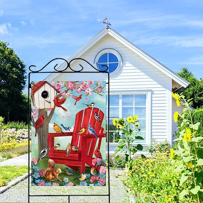 Spring Summer Red Chair Birds Decorative House Flag, Cardinal Blue Jay Squirrel Birdhouse Flowers Garden Yard Outside Decorations, Farmhouse Burlap Outdoor Large Home Decor Double Sided 28 x 40