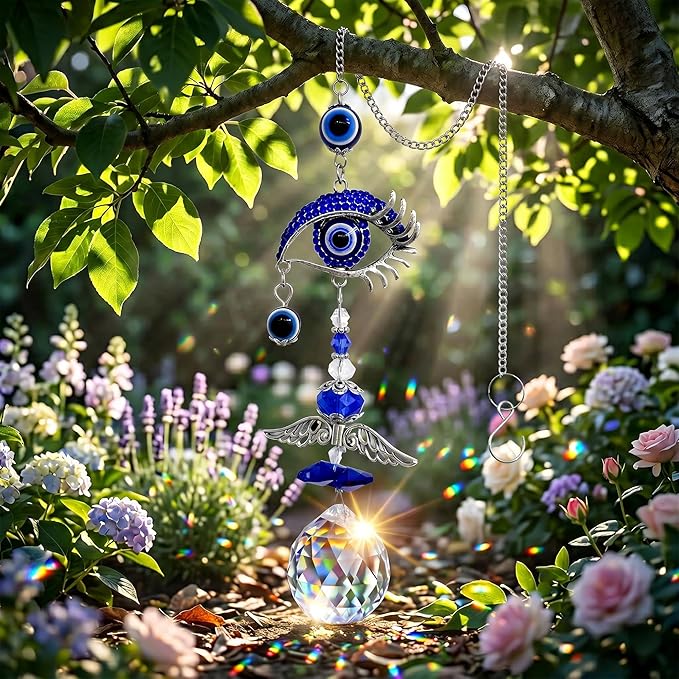 Crystal Suncatcher for Windows - Hanging Prism Sun Catchers with Crystal Balls&Blue Eye, Rainbow Maker for Home、 Garden、Car Decor (Evil Eye)