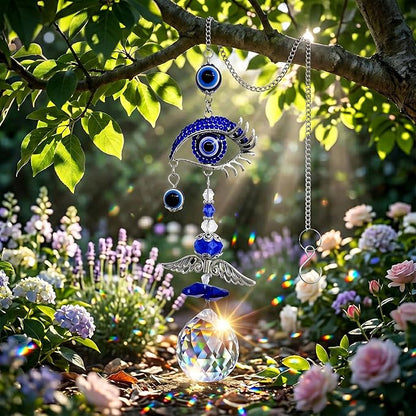 Crystal Suncatcher for Windows - Hanging Prism Sun Catchers with Crystal Balls&Blue Eye, Rainbow Maker for Home、 Garden、Car Decor (Evil Eye)