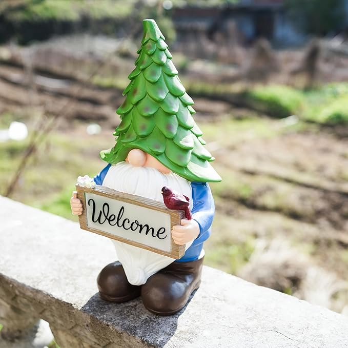 Large Garden Gnome Statue with Solar Lights, 13.5” Welcome Sign Gnome Outdoor Decor for Yard Lawn Patio, Funny Resin Gnome Sculptures, Gifts for Women Mom Grandma,Garden Decor Ornament