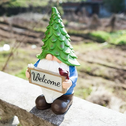 Large Garden Gnome Statue with Solar Lights, 13.5” Welcome Sign Gnome Outdoor Decor for Yard Lawn Patio, Funny Resin Gnome Sculptures, Gifts for Women Mom Grandma,Garden Decor Ornament
