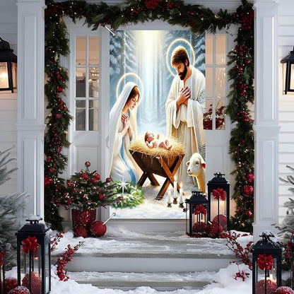 IVN Christmas Door Cover Decoration 71 x 35 in Holiday Banner Holy Night Nativity Scene in Snowy Forest Photo Backdrop Indoor Outdoor for Front Door Party Decorations