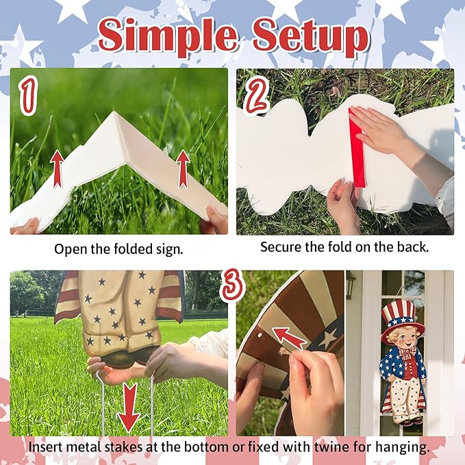 4th of July Decorations Outdoor, 31in Patriotic Decor Memorial Day Yard Sign with Metal Stakes, Front Door Decor Hanging Sign for Porch Walls Door Hanger Garden Patio Lawn Party Supplies Prop