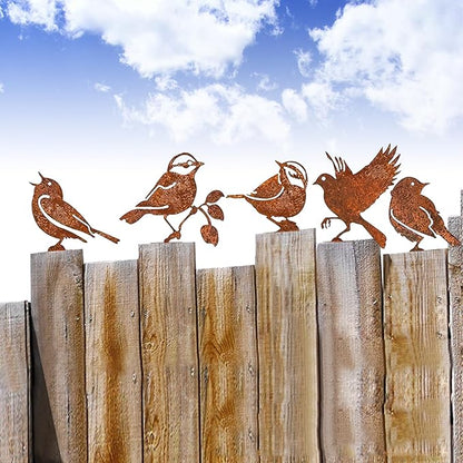 5PCS Rusty Metal Birds Decoration, Outdoor Fence Yard Decor, Metal Bird Art, Fence Decorations Outdoor, Rustic Garden Decor, Garden Sculptures Statues, Lawn Ornaments (Wren)