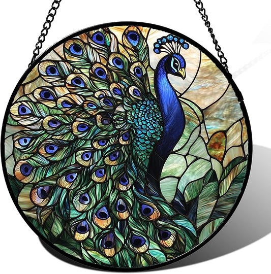 DASTOLL Stained Glass Window Hanging, Blue Green Peacock Decor Suncatcher for Door Garden Home Decoration Bird Sun Catchers Christmas Mother's Day Birthday Gifts for Women Men Mom Nana Friend 15 in
