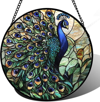 DASTOLL Stained Glass Window Hanging, Blue Green Peacock Decor Suncatcher for Door Garden Home Decoration Bird Sun Catchers Christmas Mother's Day Birthday Gifts for Women Men Mom Nana Friend 7.8 in