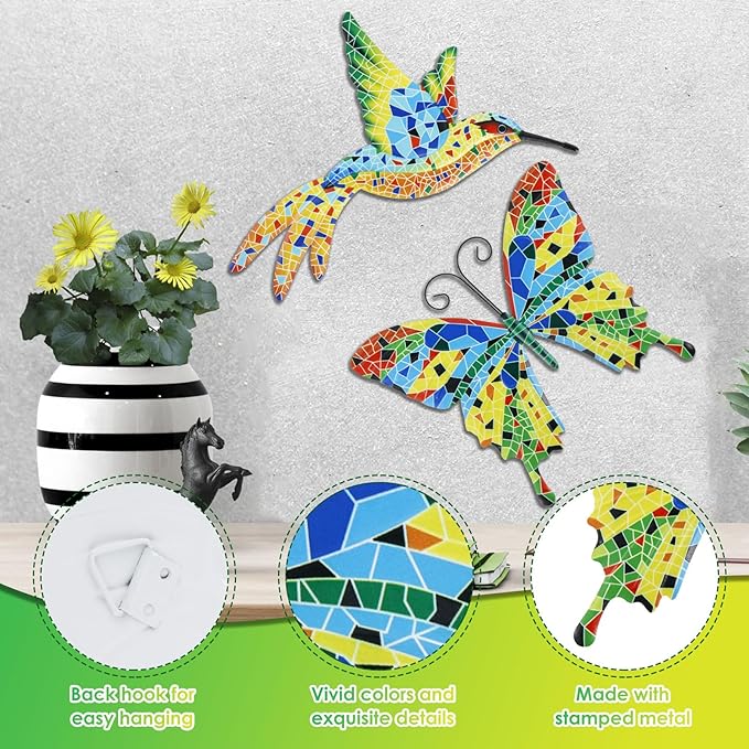 YLMFTNU 2Pcs Metal Wall Decor, Outdoor Wall Art Decor, 3D Hummingbird Wall, Art Hanging Wall, Colorful Garden Birds Sculpture, Wall Art Decorations for Bedroom Patio Yard 26x22cm