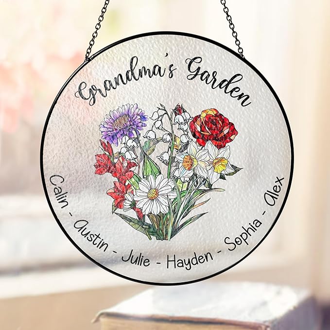 Personalized Grandma’s Garden Stained Glass Window Hanging Ornament, Custom Birth Month Flowers with Kids’ Names, Grandma Love Grows Here Floral Art Decoration, for Mom Grandma/3